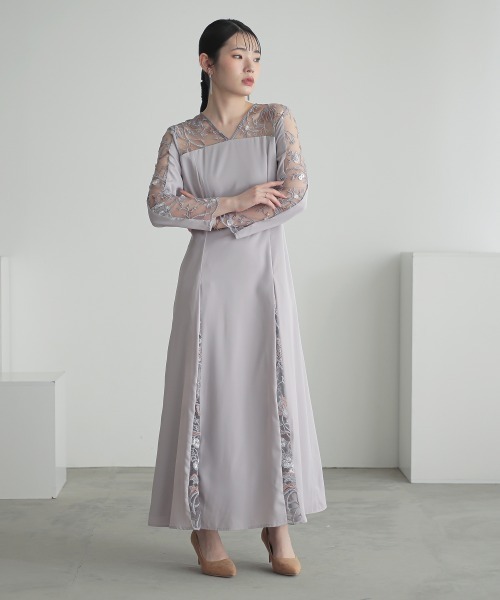 Callarus Vネック刺繍レースワンピース オケージョンドレス　結婚式 結婚式・パーティー・オケージョンドレス】Ⅴネック刺繍レース
