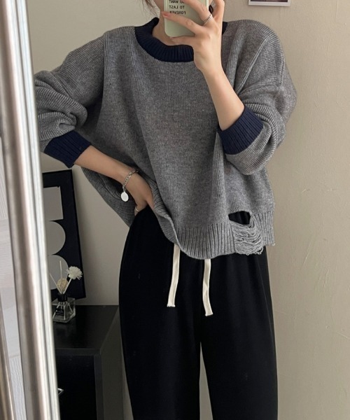 ニット セーター ダメージ入り襟・配色切り替えニットプルオーバー レディース deux amour ニット セーター ダメージ入り襟・配色切り替え
