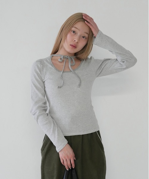 Uenui tシャツ 「 cunii 」リボンストラップ ボーダー パフスリーブ