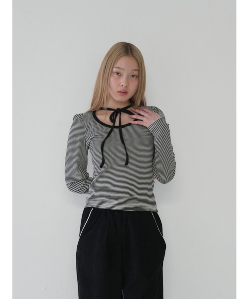 Uenui tシャツ 「 cunii 」リボンストラップ ボーダー パフスリーブ
