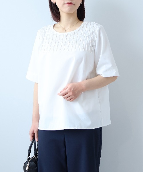 ブラウス シャツ 「接触冷感」「L〜5L 大きいサイズ」ピンヘッドフロントタックブラウス 半袖 春夏 レディース