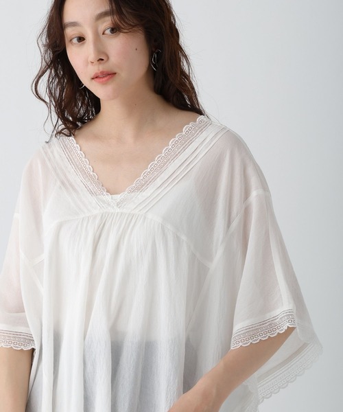 Elura（エルーラ） ブラウス シャツ レースコンビVネックチュニック