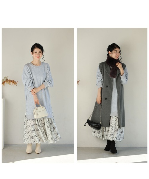 cawaii ワンピース 裾に広がる花柄の重ね着風スウェットロング