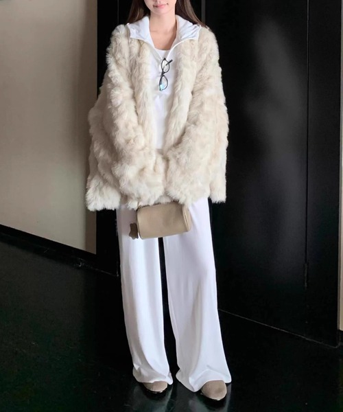 Aelina ジャケット ノーカラージャケット フェイクファーノーカラー