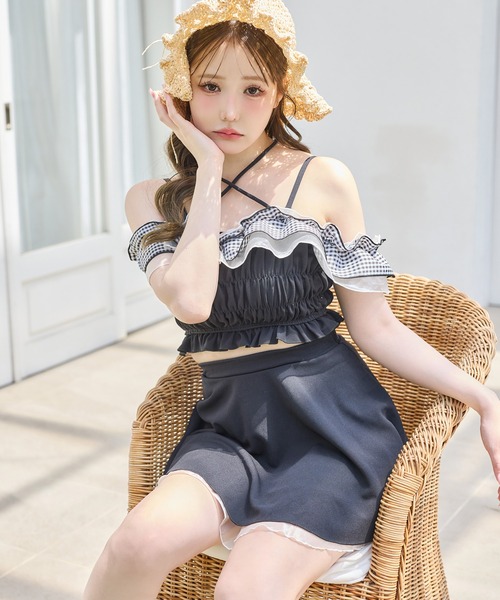 水着 swimwear/フリルトップス+ミニスカート レディースの画像