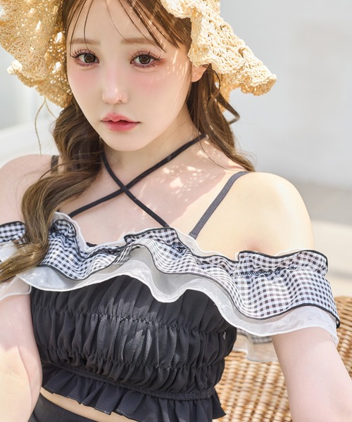 水着 swimwear/フリルトップス+ミニスカート レディースの画像