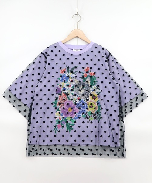 専用出品 161644：ドットチュール重ね花ネコ柄Tシャツの通販-ScoLar