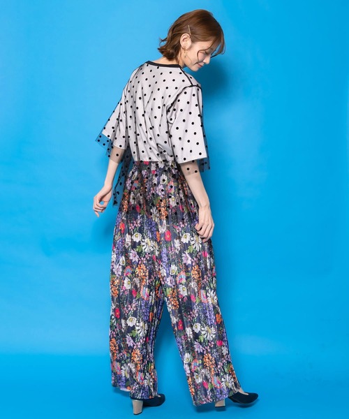 ScoLar（スカラー） tシャツ 161644：ドットチュール重ね花ネコ柄T