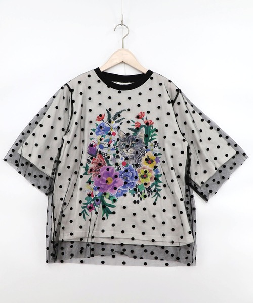 ScoLar（スカラー） tシャツ 161644：ドットチュール重ね花ネコ柄T