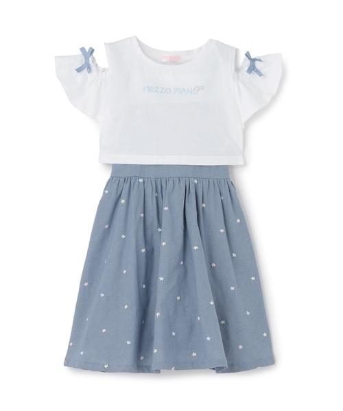 mezzo piano ワンピース 肩開き半袖Tシャツ＆星キャミワンピースセット
