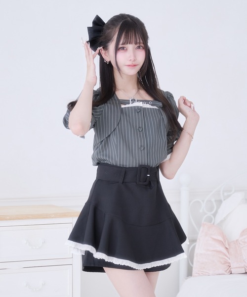 おかめさま美品✨Drawerストライプ ショートスリーブ ブラウス パフスリーブ Pal elfy ブラウス シャツ 半袖 ベルト付きストライプパフスリーブ
