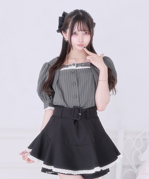 Pal elfy ブラウス シャツ 半袖 ベルト付きストライプパフスリーブ
