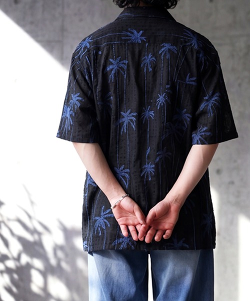 antiqua（アンティカ） ブラウス シャツ 半袖 綿100 ヤシの木柄 刺繍