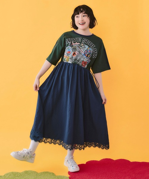 MONCLER⭐ネイビー 花柄レース 半袖ワンピースXS ScoLar（スカラー） ワンピース 半袖 162658：レース付き アメリカン風