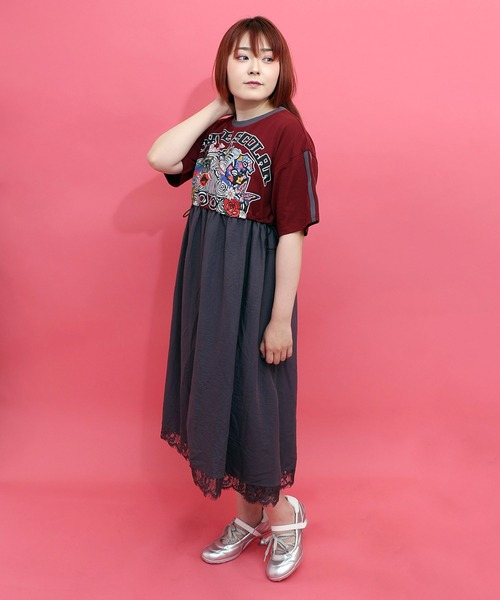 No.859 FILA 秋色素敵Colorのズリ上がらないワンピ☆XL☆NAVY ScoLar（スカラー） ワンピース 半袖 162658：レース付き アメリカン風