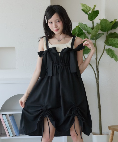 nest Robe シルクコットンジャンパースカート キャミワンピース 黒 F kutir（クティール） ジャンパースカート ドロストリボンミニ