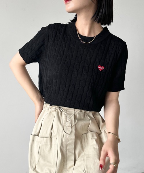 CLEA tシャツ ワンポイントハート刺繍 半袖サマーニットトップス