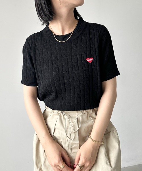 CLEA tシャツ ワンポイントハート刺繍 半袖サマーニットトップス