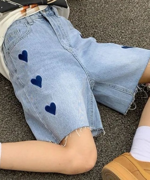 ダメージ ハーフパンツ ルーズ 切替 七分丈 迷彩 デニム hr9666 ダメージ加工デニムハーフパンツ/カモ柄/迷彩（デニムパンツ