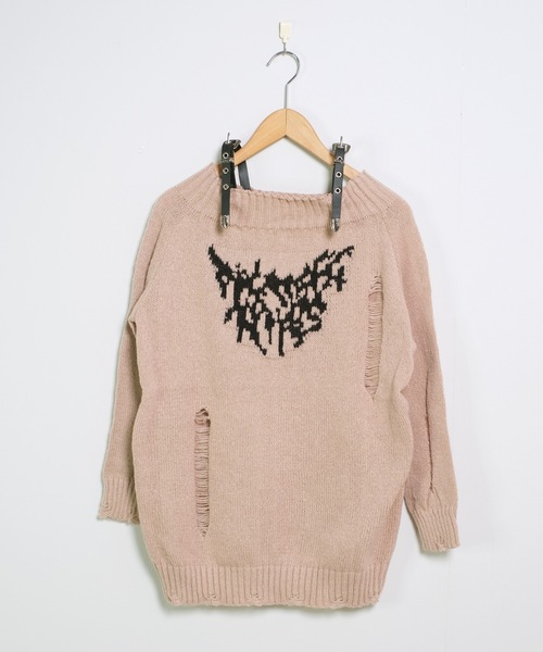 ニット セーター バタフライ ベルトショルダー オフショルダメージニット レディース shopnikoniko ニット セーター バタフライ ベルトショルダー