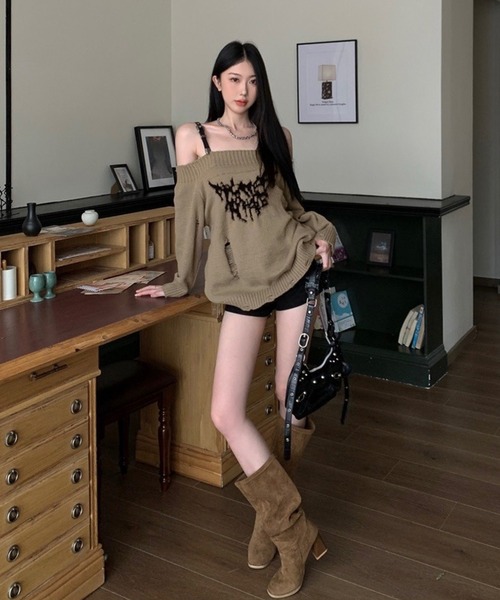 ニット セーター バタフライ ベルトショルダー オフショルダメージニット レディース shopnikoniko ニット セーター バタフライ ベルトショルダー