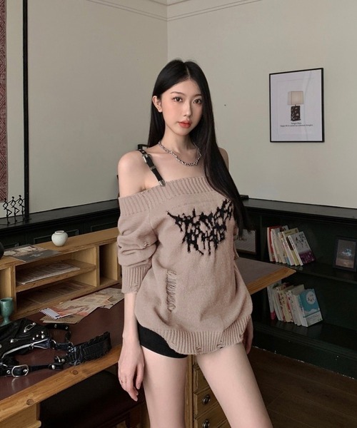 ニット セーター バタフライ ベルトショルダー オフショルダメージニット レディース shopnikoniko ニット セーター バタフライ ベルトショルダー