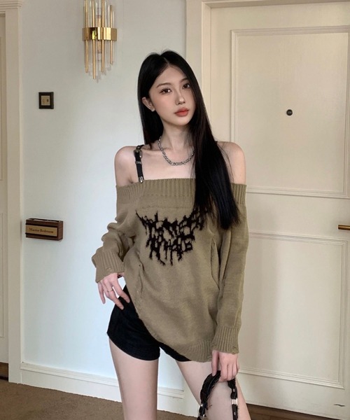 ニット セーター バタフライ ベルトショルダー オフショルダメージニット レディース shopnikoniko ニット セーター バタフライ ベルトショルダー