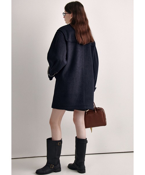 ピッコーネ ウールフーデッドコート 大きいサイズ 42　ネイビー IEDIT[イディット] ウール混スライバー素材で軽やか 大きめボタンの小
