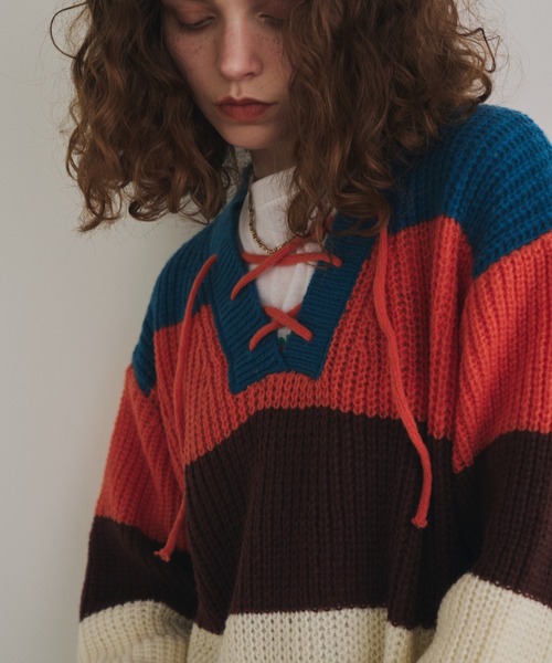 Unitage ニット セーター レースアップボーダーニット