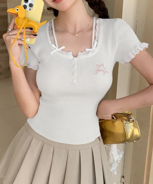 tシャツ レースレイヤードトップス レディース SpRay tシャツ レース付フェイクレイヤードトップス レディース