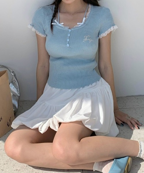 tシャツ レースレイヤードトップス レディース SpRay tシャツ レース付フェイクレイヤードトップス レディース
