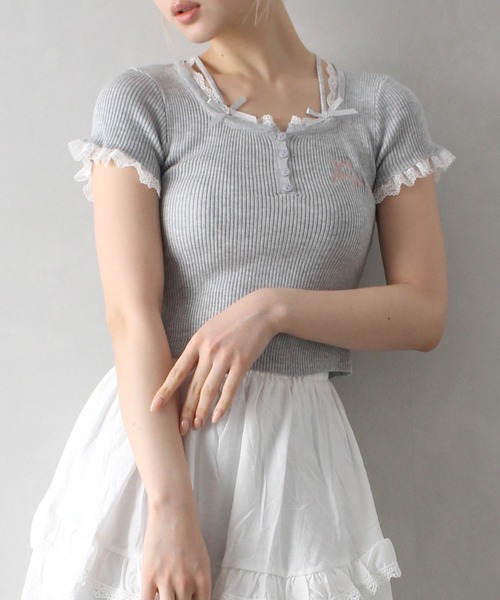 tシャツ フリルリボンネックフェイクレイヤードトップス レディース Riff tシャツ フェイクレイヤード胸リボントップス 半袖