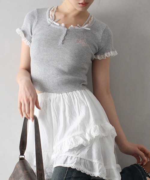 tシャツ フェイクレイヤードノースリーブトップス EM25s101「EIGHTHMONTH」 レディース SpRay tシャツ レース付フェイクレイヤードトップス レディース
