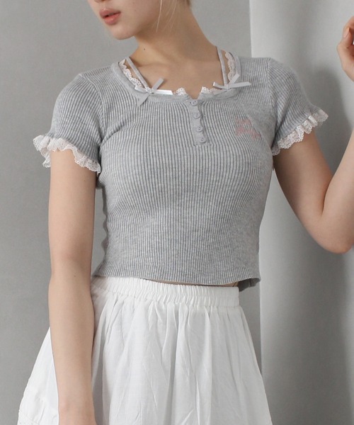 SpRay tシャツ レース付フェイクレイヤードトップス レディース