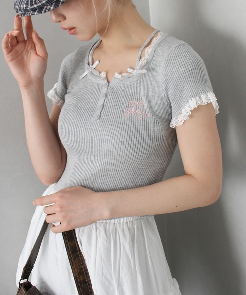tシャツ レースレイヤードトップス レディース SpRay tシャツ レース付フェイクレイヤードトップス レディース