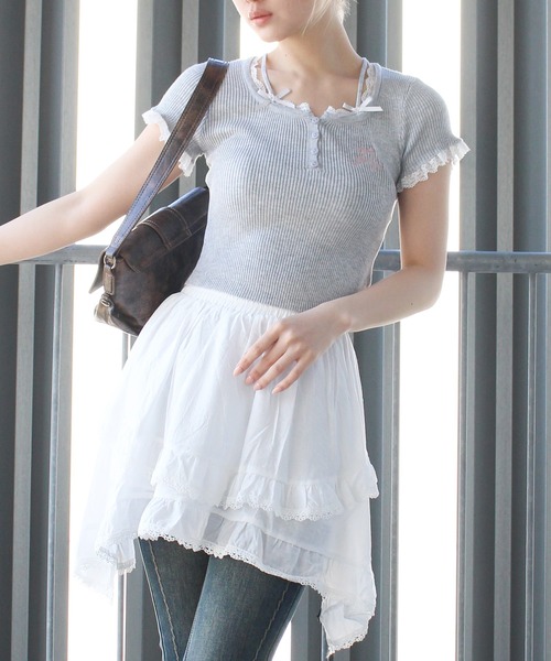 SpRay tシャツ レース付フェイクレイヤードトップス レディース