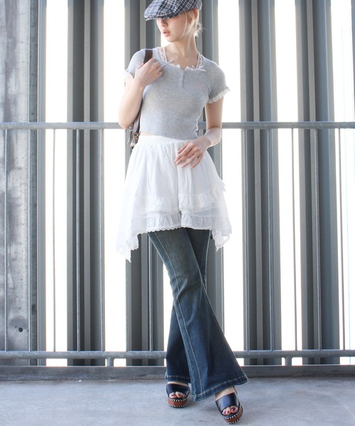 tシャツ レースレイヤードトップス レディース SpRay tシャツ レース付フェイクレイヤードトップス レディース