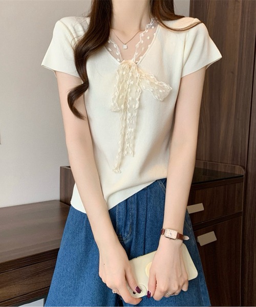 tシャツ レースボウタイTシャツ レディース