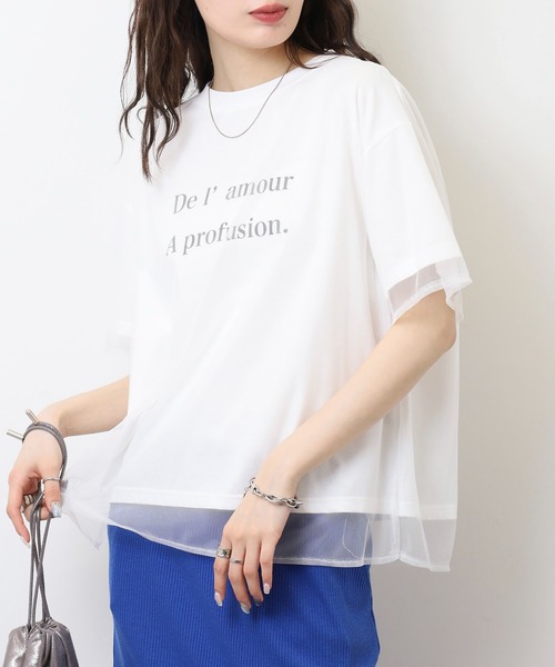 tシャツ EGLANTINE チュールレイヤードロゴＴシャツ 半袖カットソー ラグランスリーブ レディース