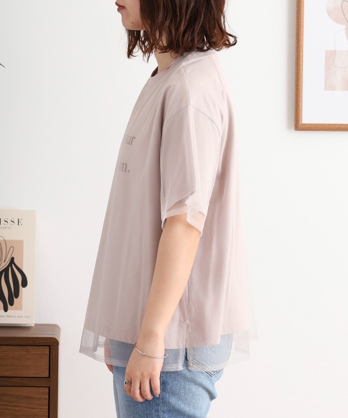 tシャツ EGLANTINE チュールレイヤードロゴＴシャツ 半袖カットソー ラグランスリーブ レディース EGLANTINE tシャツ チュールレイヤードロゴTシャツ 半袖