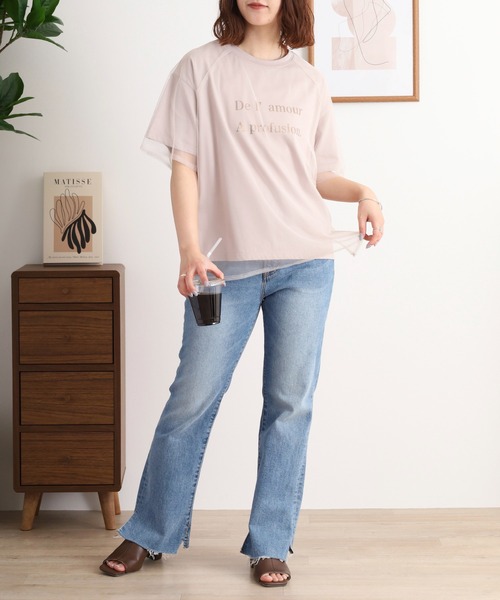 EGLANTINE tシャツ チュールレイヤードロゴTシャツ 半袖