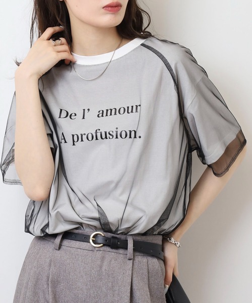 エグランティーヌ EGLANTINE チュールレイヤードロゴTシャツ 半袖カットソー ラグランスリーブ （ホワイト×ブラック） EGLANTINE tシャツ チュールレイヤードロゴTシャツ 半袖