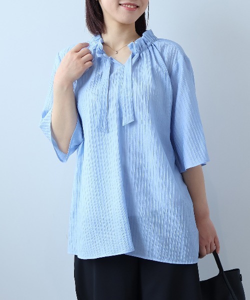 ブラウス シャツ 「L〜5L 大きいサイズ」ドビーストライプフリルカラーブラウス 半袖 春夏 レディース fleur by mint breeze ブラウス シャツ 「L〜5L 大きいサイズ