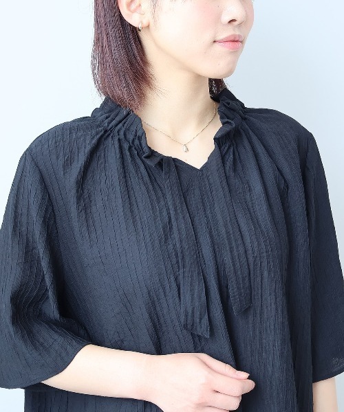 【fleur】【Ｌ〜５Ｌ】ドビーストライプフリルカラーブラウス fleur by mint breeze ブラウス シャツ 「L〜5L 大きいサイズ