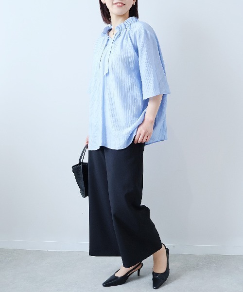 【fleur】【Ｌ〜５Ｌ】ドビーストライプフリルカラーブラウス fleur by mint breeze ブラウス シャツ 「L〜5L 大きいサイズ