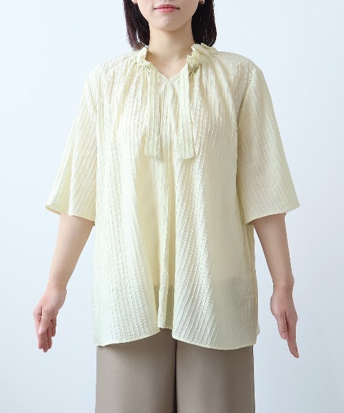 【fleur】【Ｌ〜５Ｌ】ドビーストライプフリルカラーブラウス fleur by mint breeze ブラウス シャツ 「L〜5L 大きいサイズ