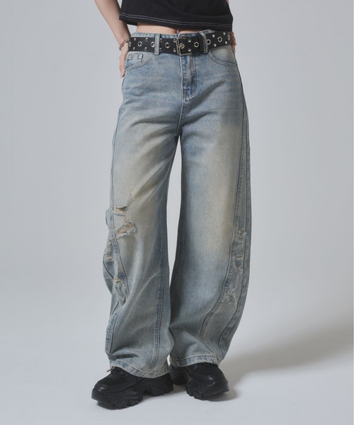 最終価格■6.20 a38 クラッシュデニムパンツ ブラック ワイド ハイパークラッシュワイドデニムパンツ / ダメージ ブラック
