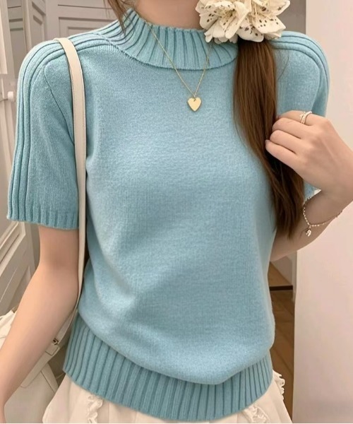 Aelina タートルネック ニット セーター ハイネック半袖ニットトップス