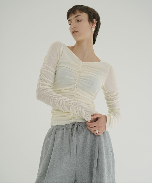 トップス CLANE / W TULLE SHIRRING TOPS CLANE（クラネ） tシャツ W TULLE SHIRRING TOPS レディース