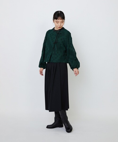 美品　outil リネンカシュクールブラウス　DARK GREEN LOISIR リネンシャツ ブラウス シャツ 「少量生産」ガーゼエンブロイ